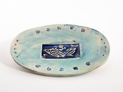 Seifenschale aus Keramik Motiv Fische blau grün